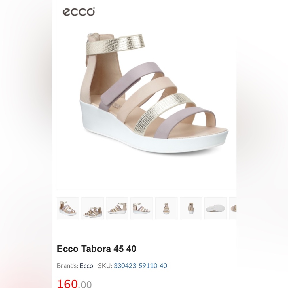 ECCO Tabora 45 Tan/White/Gold/Lavender Leather Ankle Strap Low Wedge Sandal